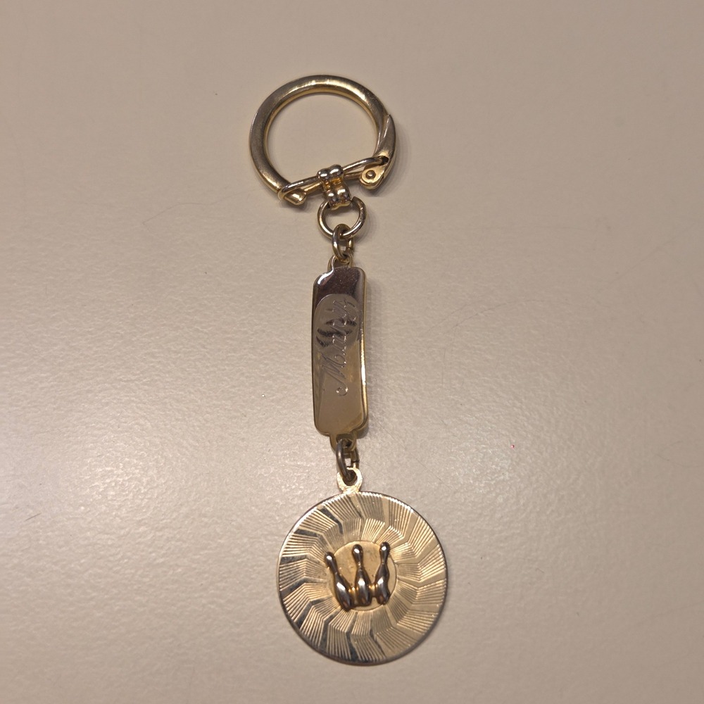 Vintage Unsigned Gold Tone "Mary"‎ Bowling Pins Charm Keychain Women Accessory